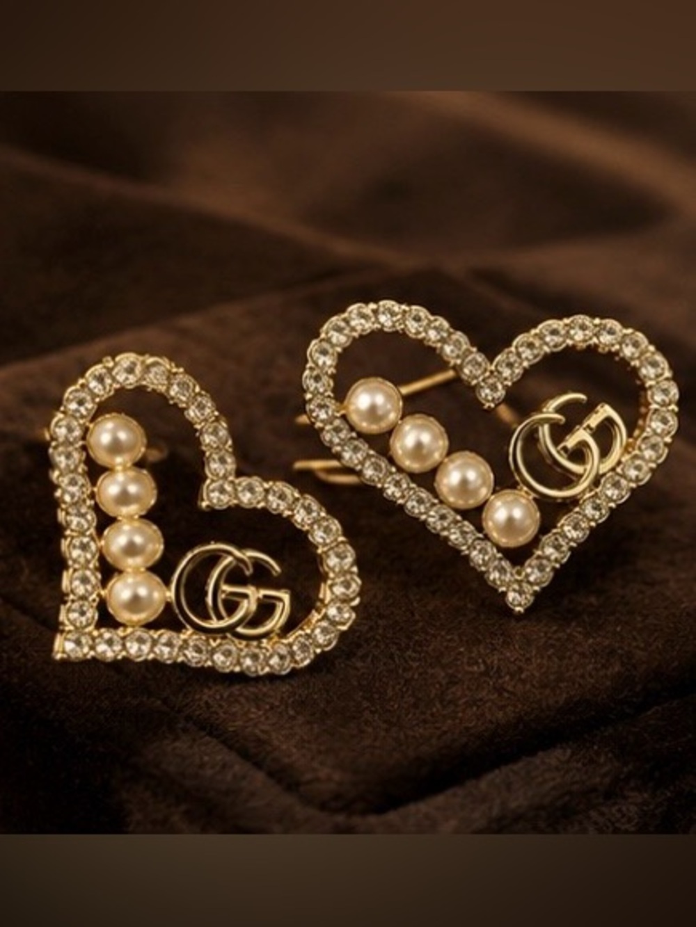 Heart Pearl Rhinestone Statement Stud Earrings Gold Tone Glam